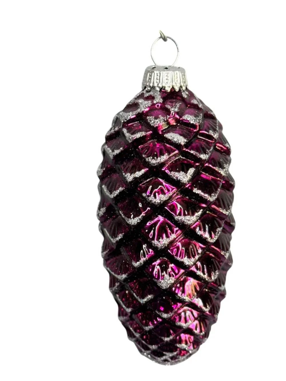 Vintage German Amethyst Pinecone Glass Christmas Ornament Silver Glitter 4" - Picture 4 of 6